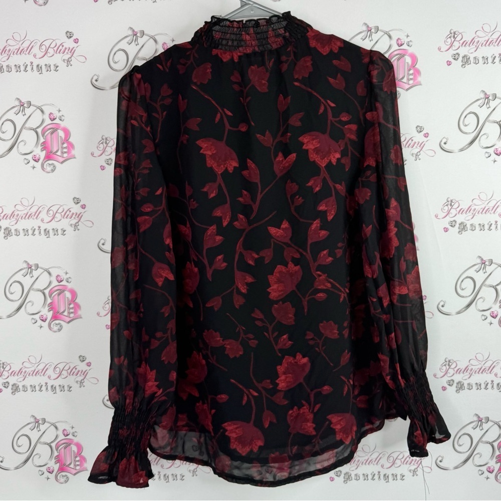 APRICOT blouse long sleeve flare detail smocked Black and Red Floral Blouse - Picture 2 of 7